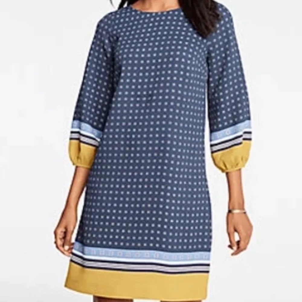 Ann Taylor Navy Printed Shift Dress with Mustard Trim